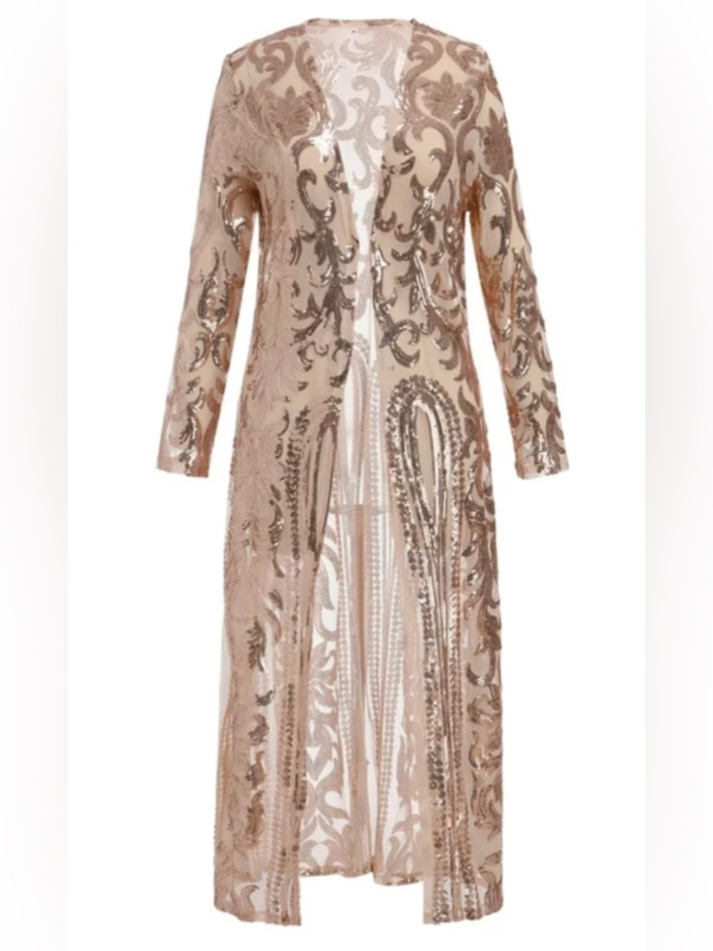 Sparkling Rose Gold Sequin Open Front Long Sleeve Cardigan Duster Size Large